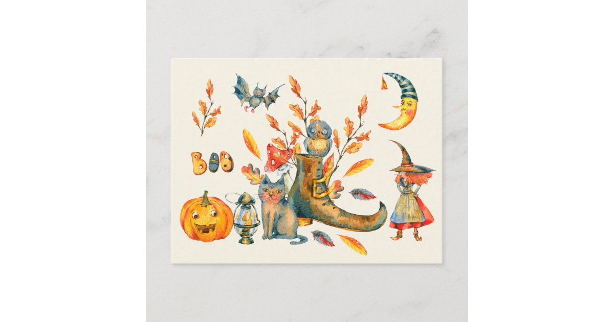 Watercolor Cute Boo Happy Halloween Gathering Postcard | Zazzle