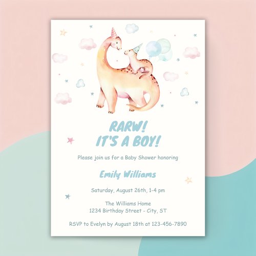 Watercolor Cute Boy Dinosaur Rawr Baby Shower Invitation