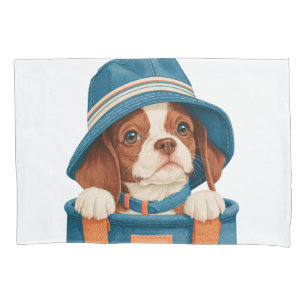 Watercolor Cute Brown White Dog Blue Hat Pet Pillow Case