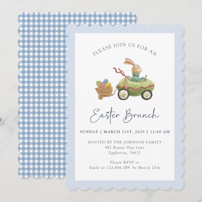 Watercolor Cute Bunny, Easter Brunch Blue  Invitation (Front/Back)