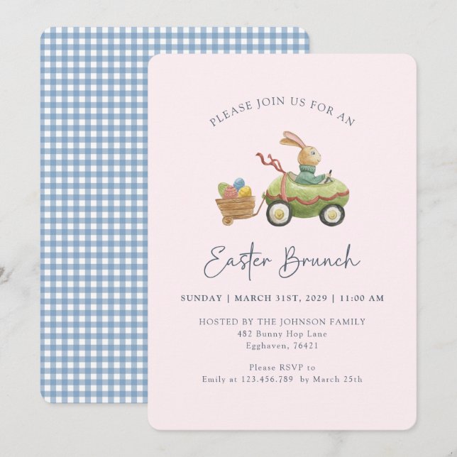 Watercolor Cute Bunny, Easter Brunch Pink  Invitation (Front/Back)