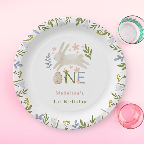Watercolor Cute Bunny Girl 1st Birthday Paper Plates