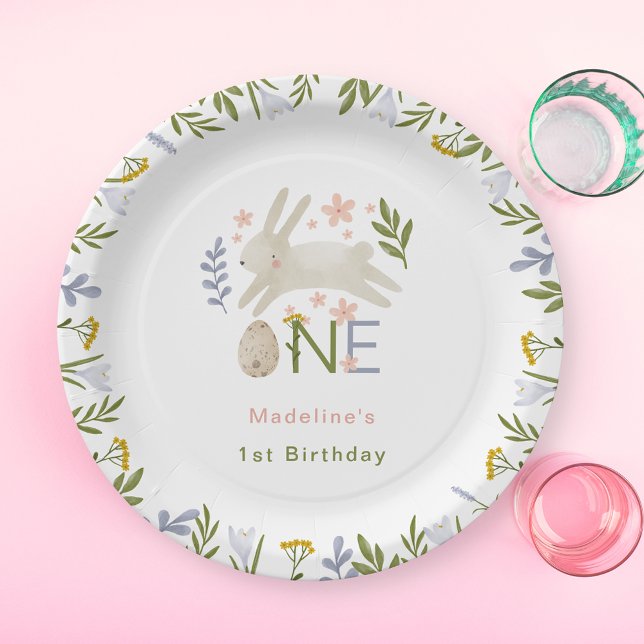 Watercolor Cute Bunny Girl 1st Birthday Paper Plates (Creator Uploaded)