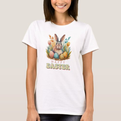 Watercolor cute bunny Happy Easter floral T_Shirt