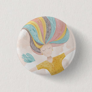 Watercolor cute cartoon girl. Pink fairy fantasy  Button
