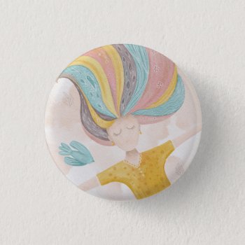 Watercolor Cute Cartoon Girl. Pink Fairy Fantasy  Button by RemioniArt at Zazzle