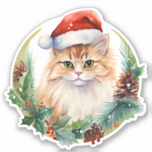 Watercolor Cute Cat Holly Berries And Pine Cone Sticker