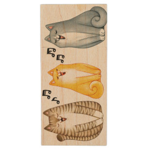 Watercolor Cute Cats Kittens Music Singing Wood Flash Drive