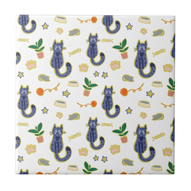 Watercolor Cute Cats Pattern Ceramic Tile (Front)
