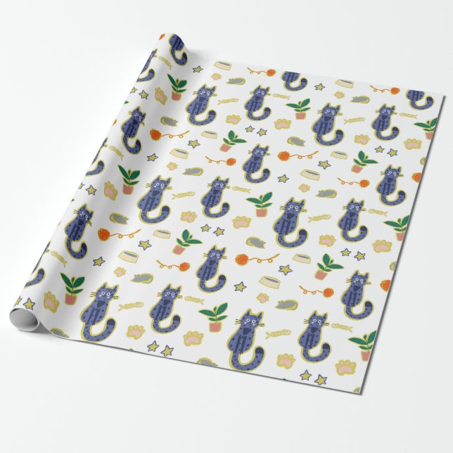 Watercolor Cute Cats Pattern Wrapping Paper (Unrolled)