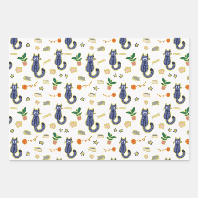 Watercolor Cute Cats Pattern Wrapping Paper Sheets (Front)