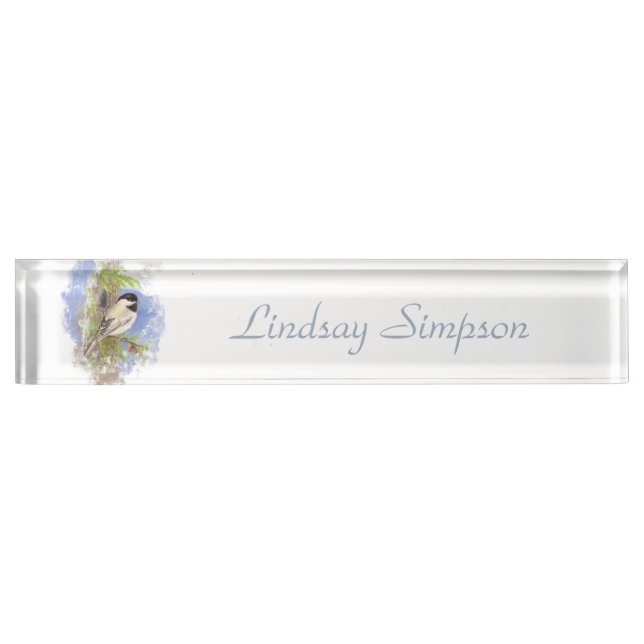 Watercolor Cute Chickadee Bird Nature Art Nameplate (Front)