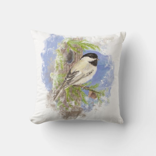 Watercolor Cute Chickadee Bird Nature Art Throw Pillow (Front)