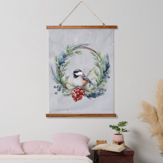 Watercolor Cute Chickadee Bird Wreath Christmas Hanging Tapestry