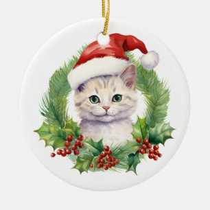 Watercolor Cute Christmas Cat in a Santa Hat Ceramic Ornament