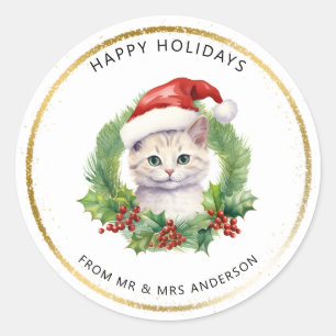 Watercolor Cute Christmas Cat in a Santa Hat Classic Round Sticker