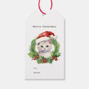 Watercolor Cute Christmas Cat in a Santa Hat Gift Tags
