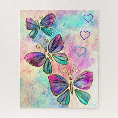 Watercolor _ Cute Colorful Butterflies _ Hearts Jigsaw Puzzle