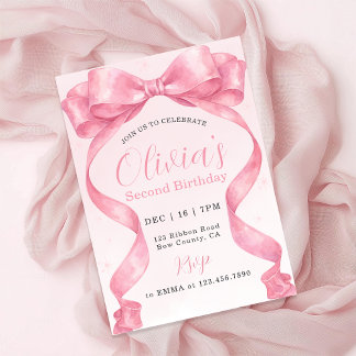 Watercolor Cute Coquette Pink Bow Girl Birthday Invitation