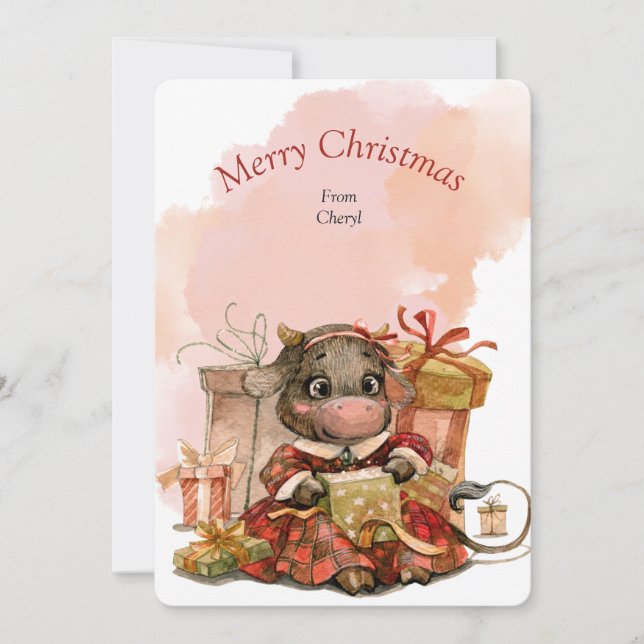Watercolor Cute Cow Christmas Card (Front)