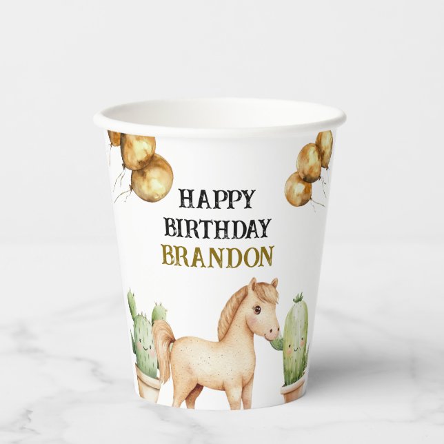 Watercolor Cute Cowboy 1st Rodeo Birthday Paper Cups (Front)