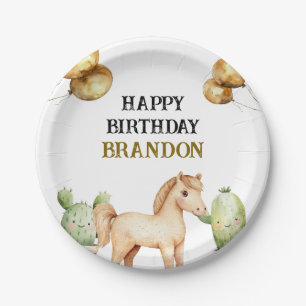 Watercolor Cute Cowboy 1st Rodeo Birthday Paper Plates
