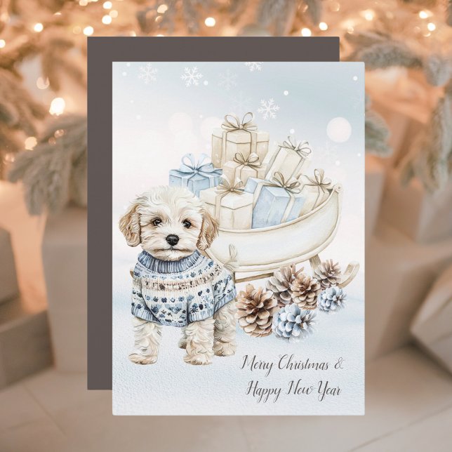Watercolor Cute & Cozy Little White Dog Happy Holiday Card (Creator Uploaded)
