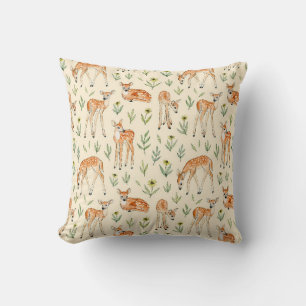 Watercolor cute deer with wild flowers seamless pa throw pillow