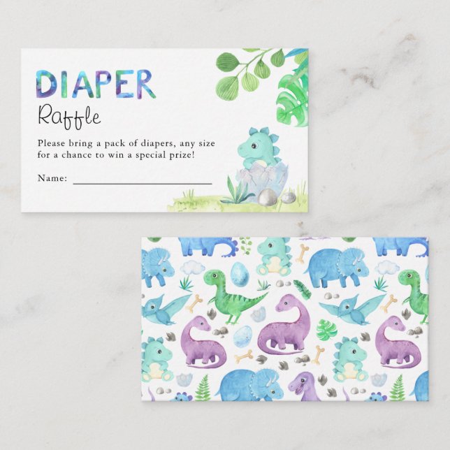 Watercolor Cute Dino Baby Shower Diaper Raffle Enclosure Card (Front/Back)