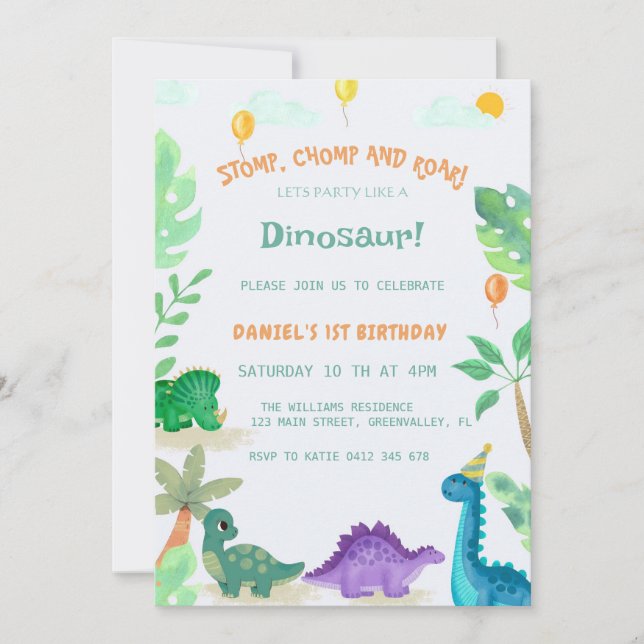 Watercolor  Cute Dinosaur 1st Birthday Invitation (Front)