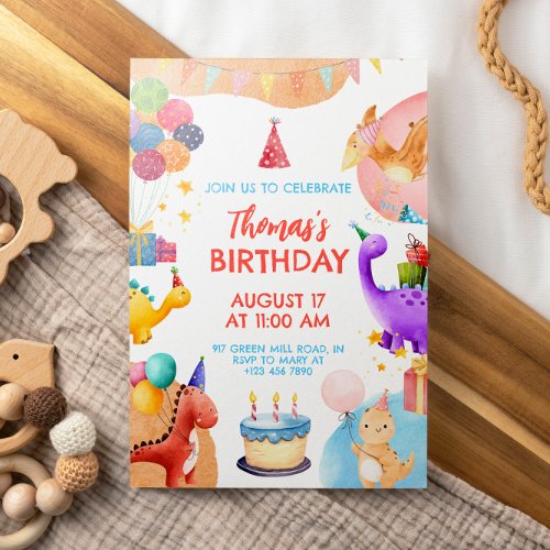 Watercolor Cute Dinosaur Birthday  Invitation