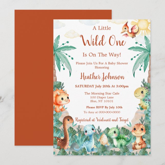 Watercolor Cute Dinosaur Boy Baby Shower Invitation (Front/Back)