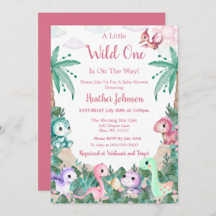 Watercolor Cute Dinosaur Girl Baby Shower Invitation
