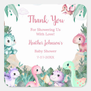 Watercolor Cute Dinosaur Girl Baby Shower Square Sticker