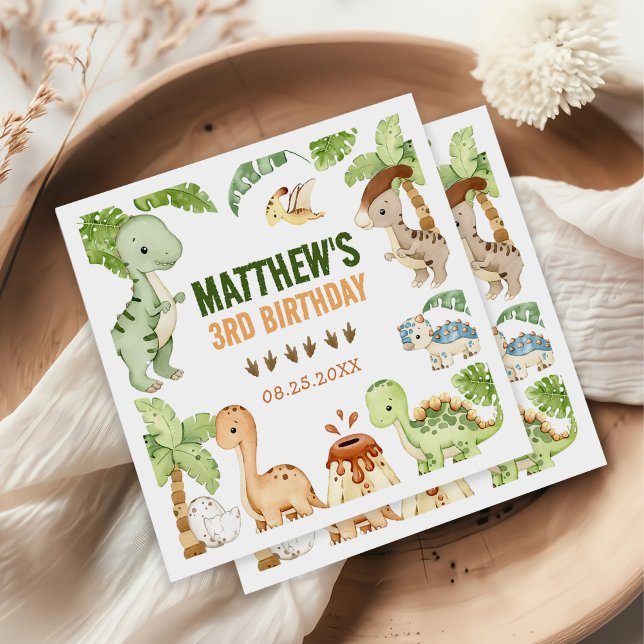 Watercolor Cute Dinosaur Greenery 3rd  Birthday Napkins (Creator Uploaded)
