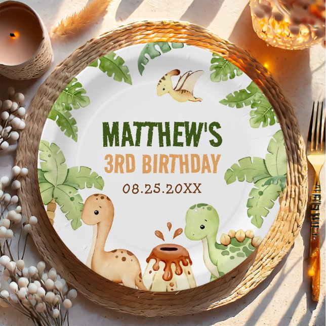 Watercolor Cute Dinosaur Greenery 3rd  Birthday Paper Plates (Creator Uploaded)