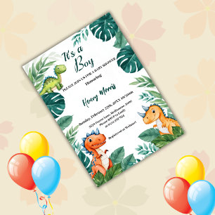 Watercolor Cute Dinosaur Greenery Boy Baby Shower  Invitation
