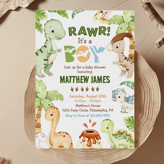 Watercolor Cute Dinosaur Greenery Boy Baby Shower Invitation (Creator Uploaded)
