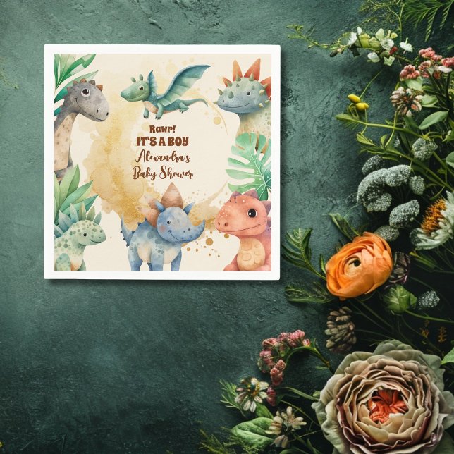 Watercolor Cute Dinosaur Greenery Boy Baby Shower Napkins (Creator Uploaded)