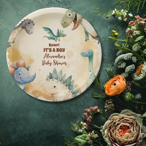 Watercolor Cute Dinosaur Greenery Boy Baby Shower Paper Plates