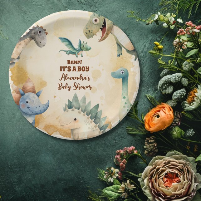 Watercolor Cute Dinosaur Greenery Boy Baby Shower Paper Plates (Creator Uploaded)