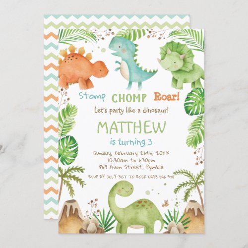 Watercolor Cute Dinosaur Greenery Boy Birthday Invitation