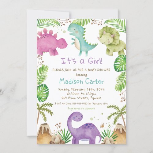 Watercolor Cute Dinosaur Greenery Girl Baby Shower Invitation