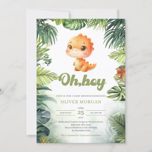 Watercolor cute dinosaur Oh boy tropical greenery Invitation