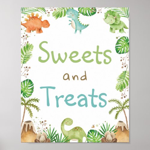Watercolor Cute Dinosaurs Greenery Sweets  Treats Poster