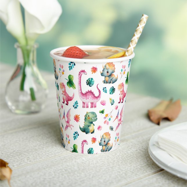 Watercolor Cute Dinosaurs Whimsical Dino Pattern  Paper Cups (Insitu)