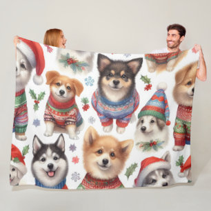 Watercolor Cute Dogs in Sweaters Fleece Blanket
