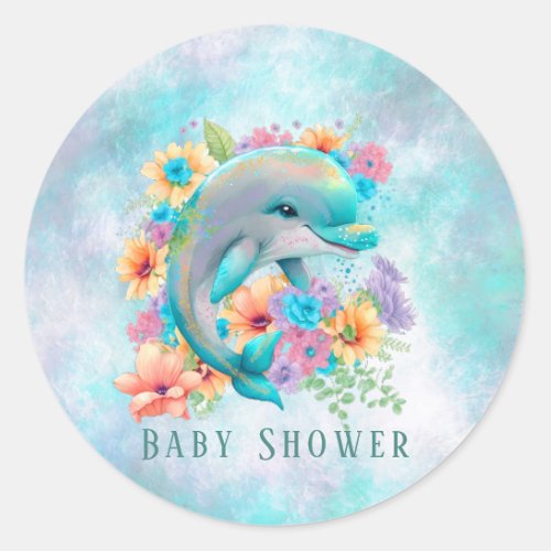 Watercolor Cute Dolphin and Florals Baby Shower Classic Round Sticker
