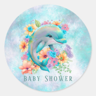 Watercolor Cute Dolphin and Florals Baby Shower Classic Round Sticker