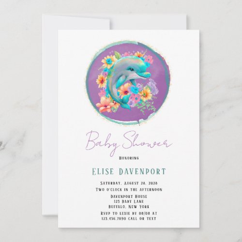 Watercolor Cute Dolphin and Florals Baby Shower  I Invitation